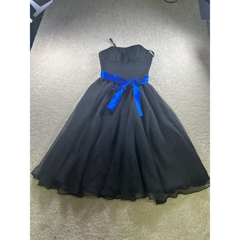 Mori Lee Womens Black Strapless Dress Size 8 Blue Sash Tulle WhimsiGoth Grunge